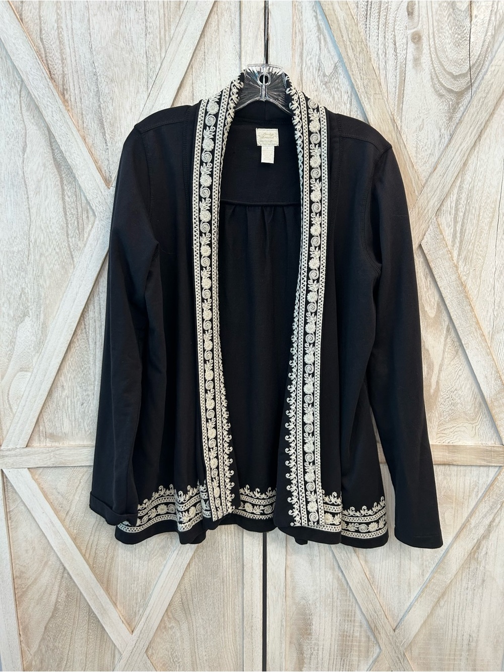 Lucky Brand Black Cardigan With White Embroidered Trim